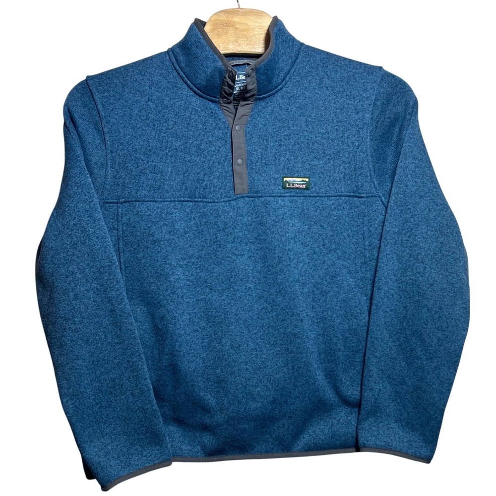 LL Bean Mens Sweater Fleece Pullover XL Blue Snap Mock Neck 298050